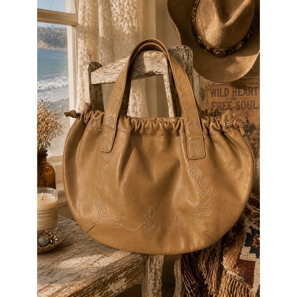 Fina Firenze Tan Leather Embroidered Hobo Shoulder Bag Western Floral Boho
